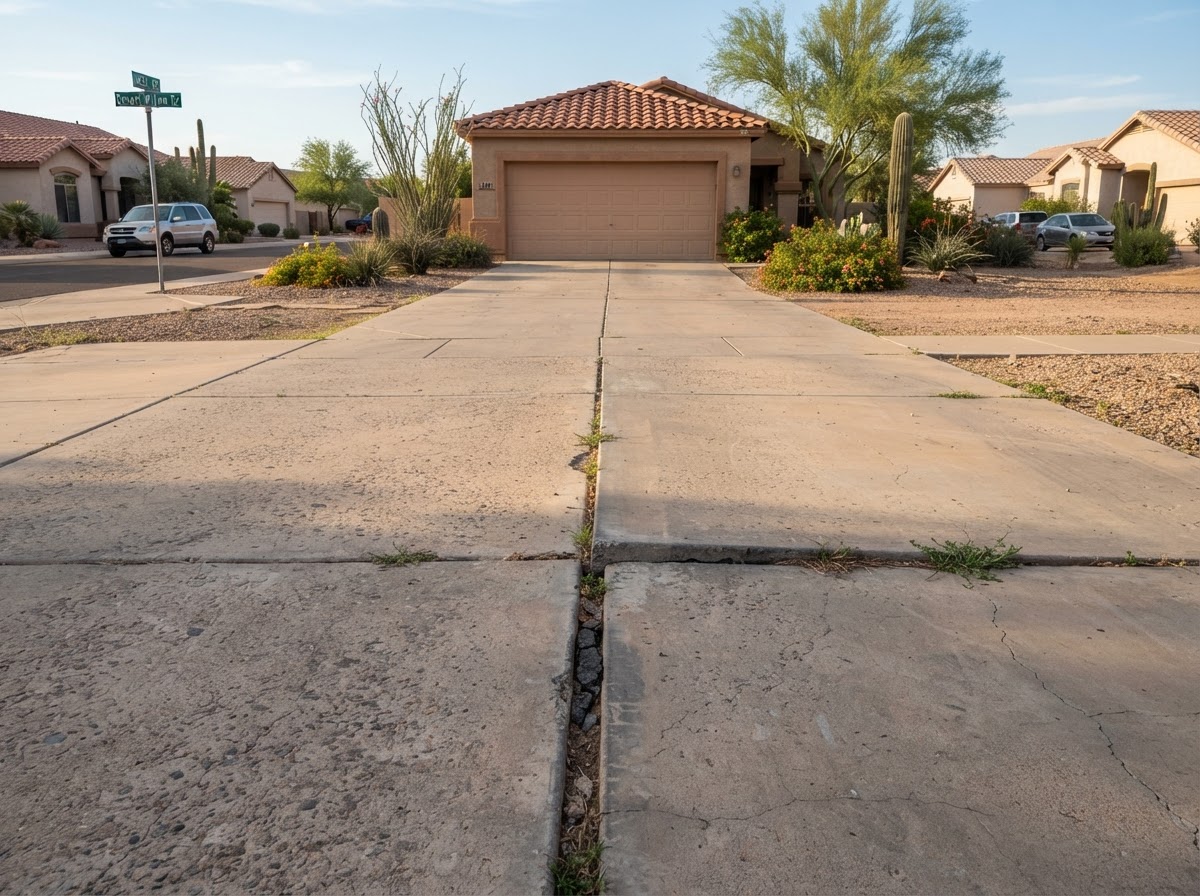Multi-panel driveway in a Mesa neighborhood showing settlement between adjoining panels