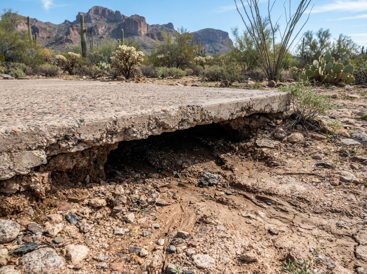 Slab-edge erosion context showing possible void beneath exterior concrete near Apache Junction