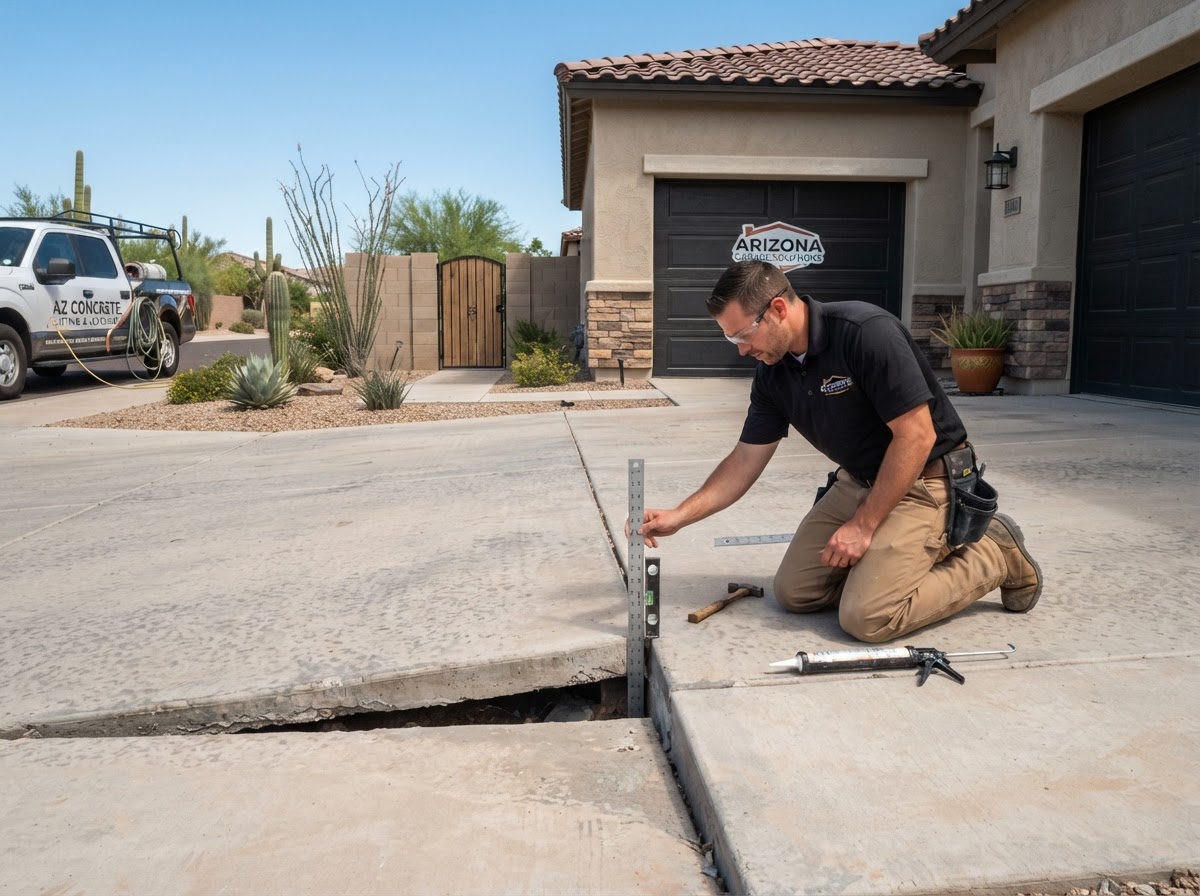 Technician assessing a settled driveway panel near the garage at a newer Queen Creek stucco home