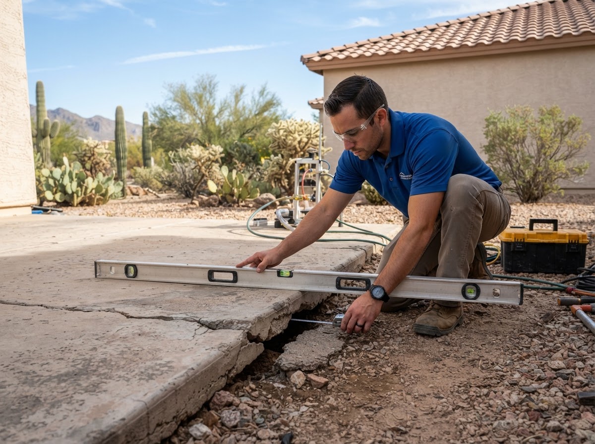 Technician measuring slab elevation and support at an Apache Junction property