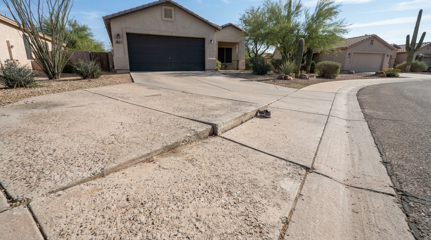 Multi-panel residential concrete driveway flatwork with visible height offset at the control joints