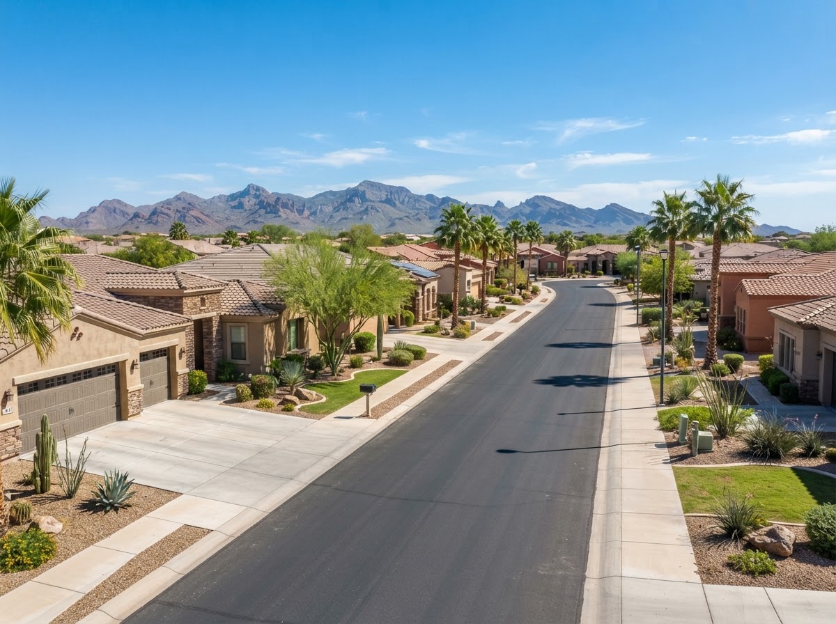 Queen Creek residential streetscape with concrete driveways and sidewalks in a master-planned neighborhood