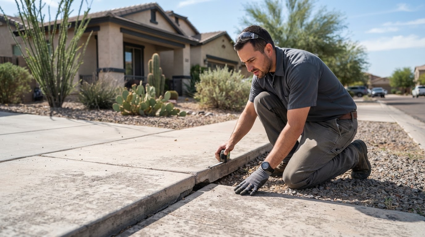 Concrete leveling technician assessing an uneven sidewalk panel transition at a Gilbert, Arizona home