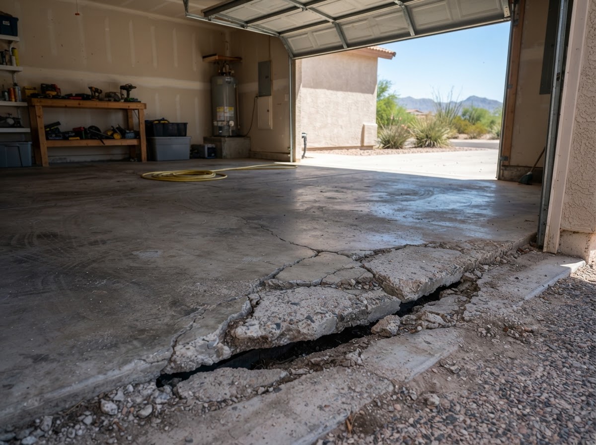 Settled and cracked concrete garage floor slab near the entrance