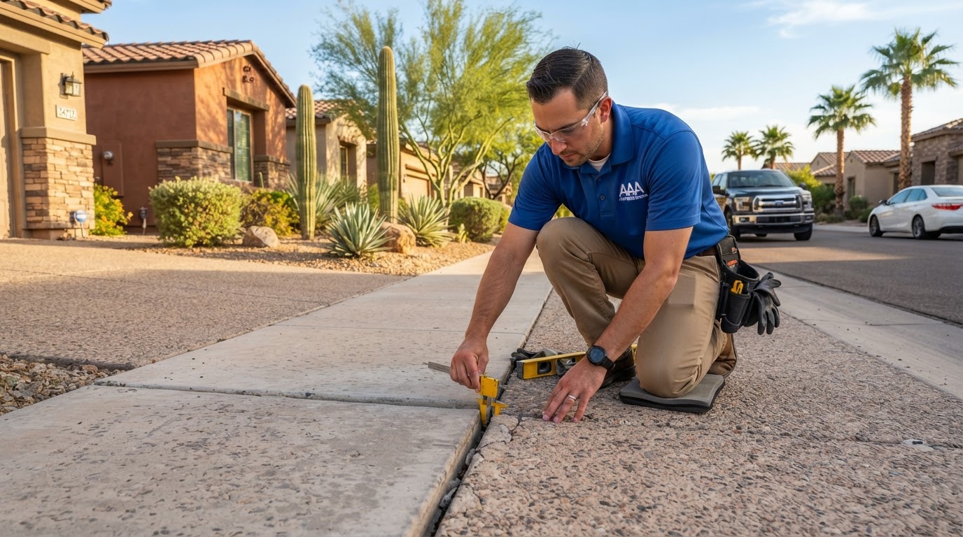 Concrete leveling technician assessing an uneven sidewalk panel transition in a newer Queen Creek, Arizona neighborhood