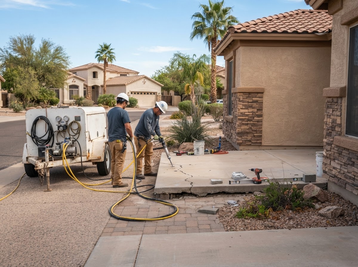 Concrete leveling and lifting equipment beside a settled slab in Mesa