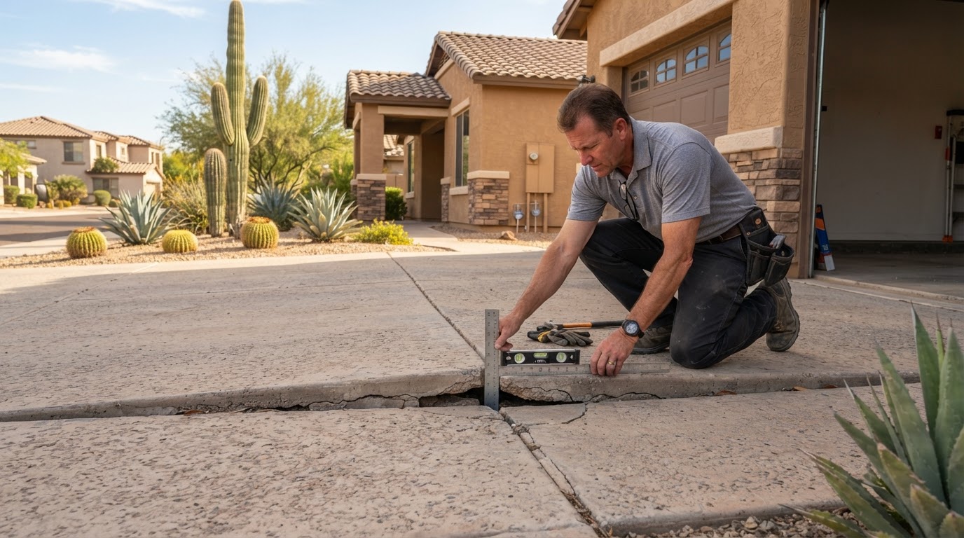 Residential driveway settlement evaluation at a Gilbert, Arizona home where a panel meets the garage
