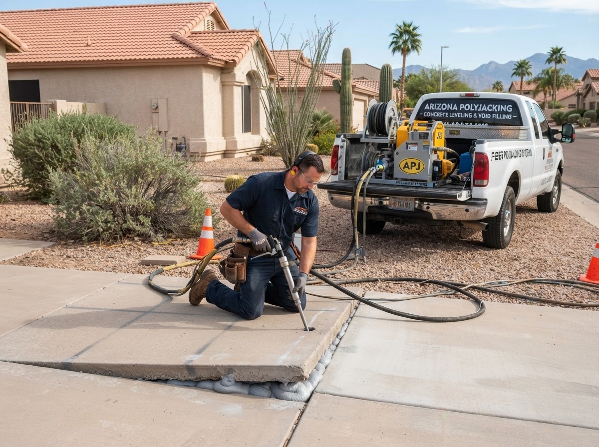 Concrete leveling technician operating polyjacking equipment beside a settled slab at a San Tan Valley property