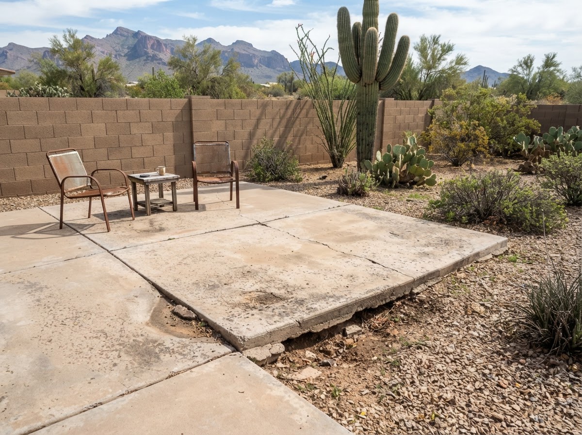 Older patio slab with long-term settlement near Apache Junction