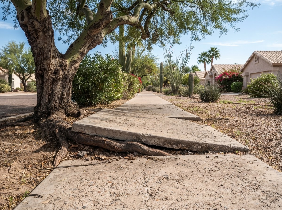 Root-affected walkway transition in a Sun Lakes community with mature landscaping
