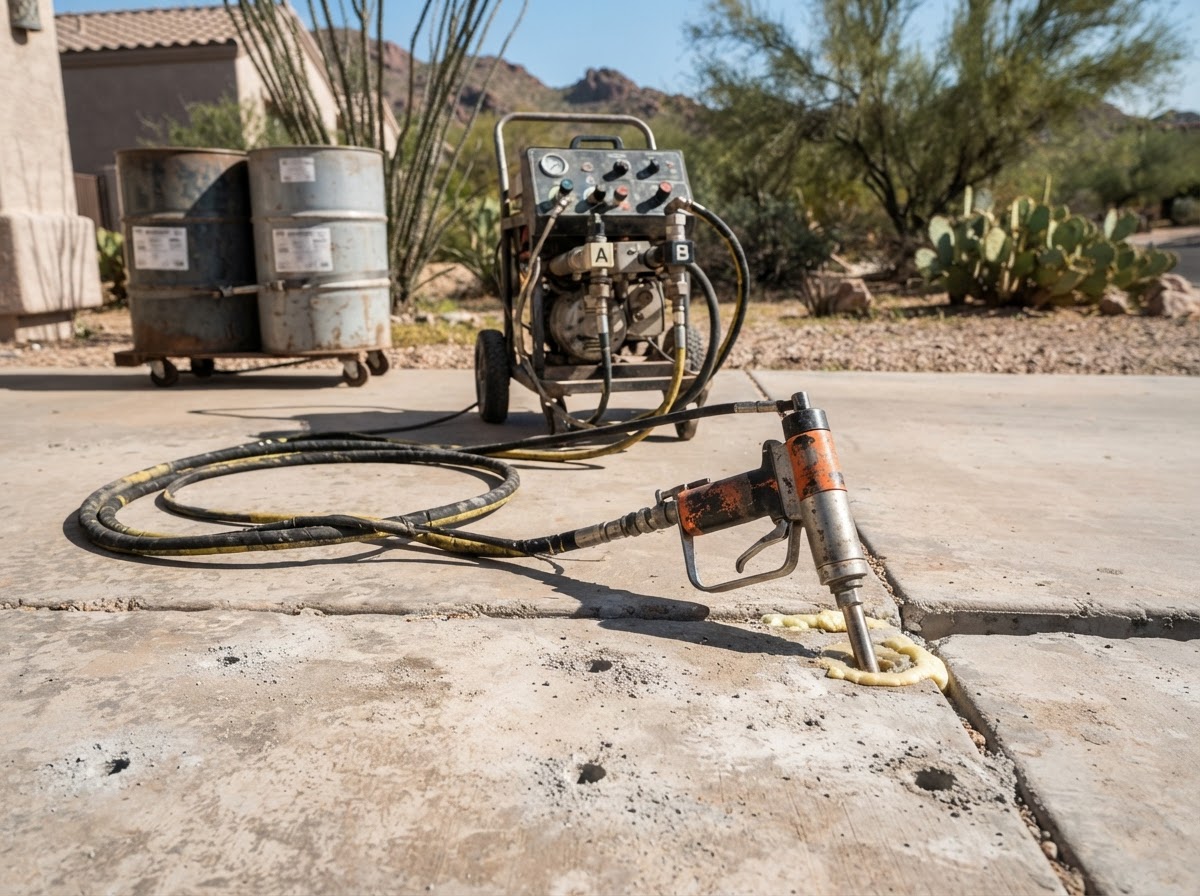 Polyurethane slab-lifting injection equipment on a concrete slab