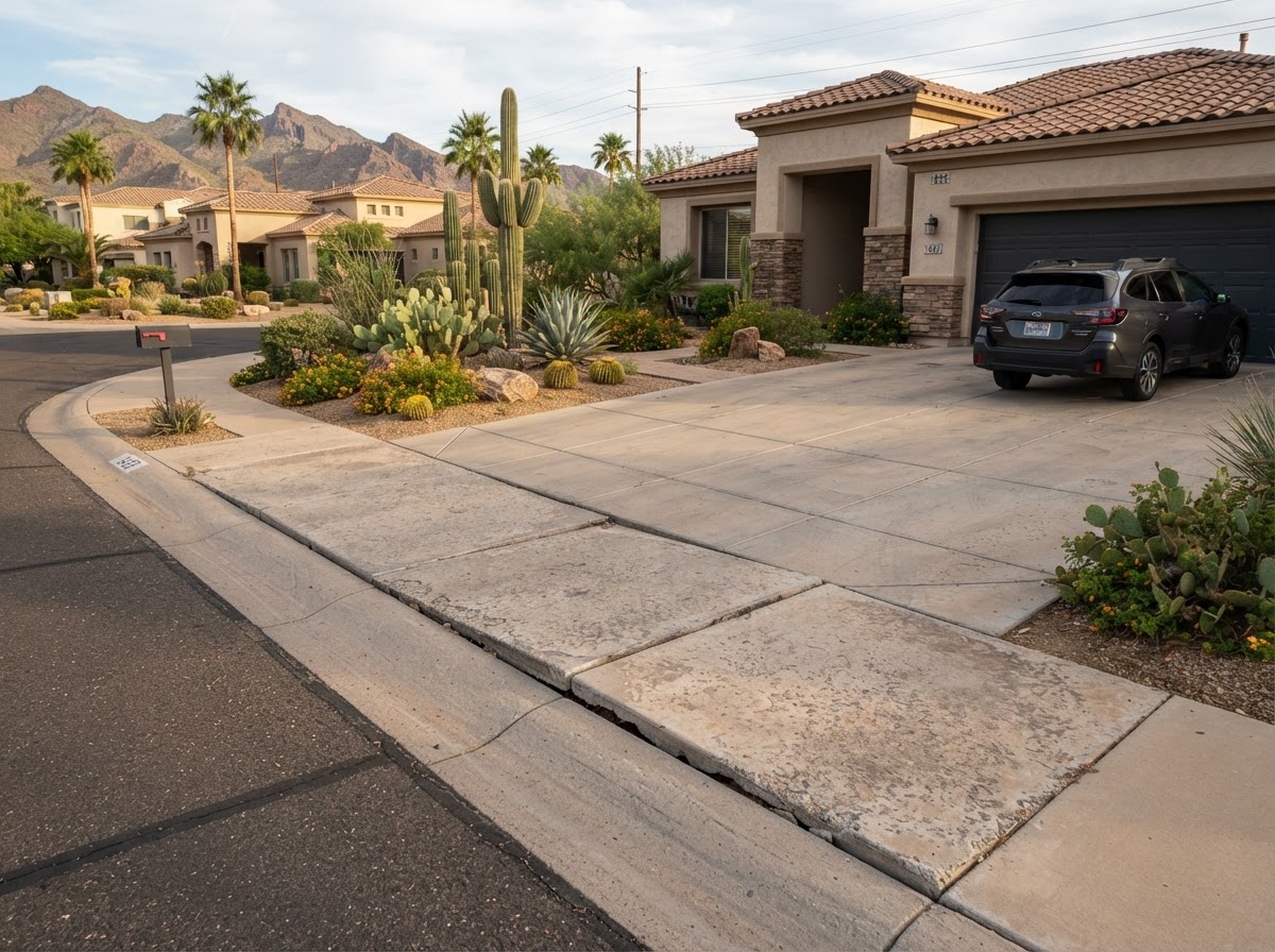 Multi-panel driveway in a Queen Creek master-planned neighborhood showing settlement