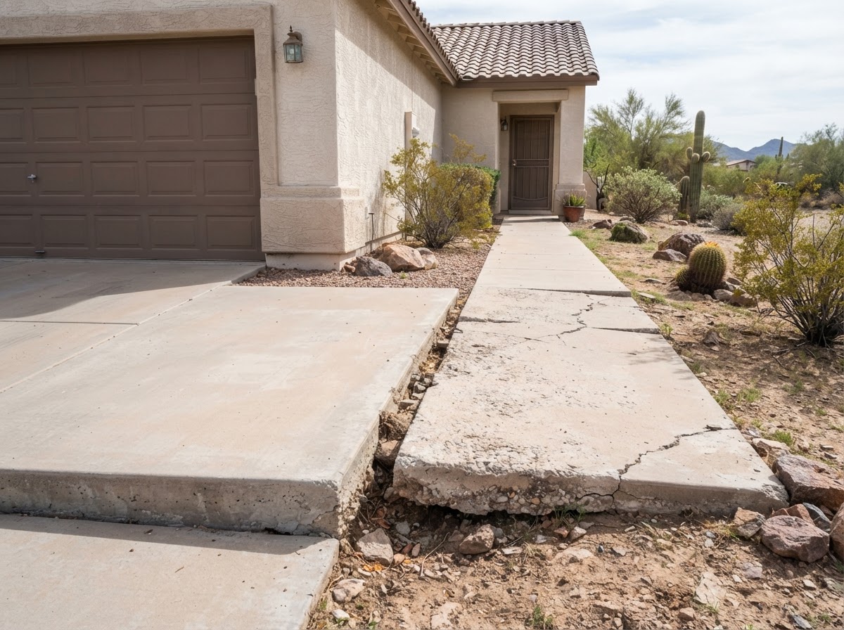 Garage-approach and walkway slab transition at an Apache Junction property