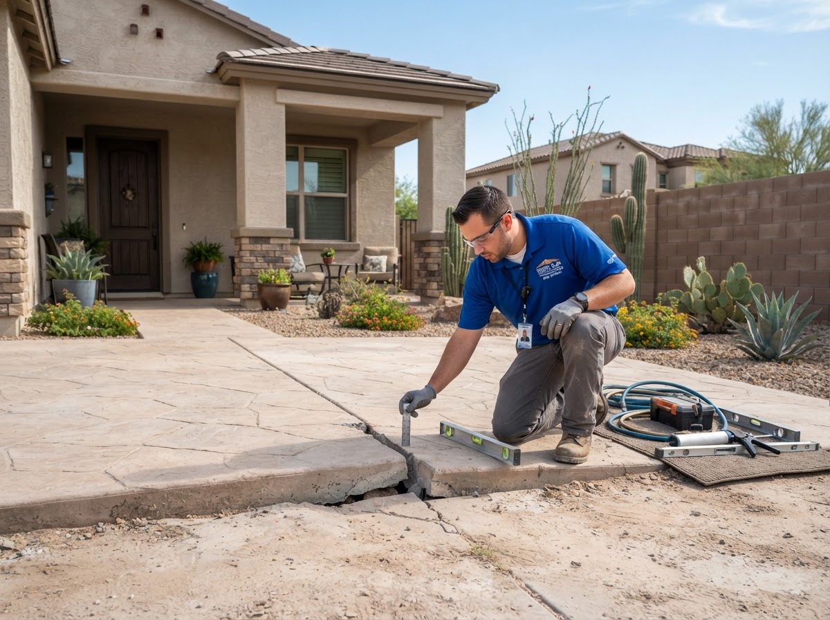 Concrete leveling technician assessing a settled driveway slab at a newer Queen Creek stucco home
