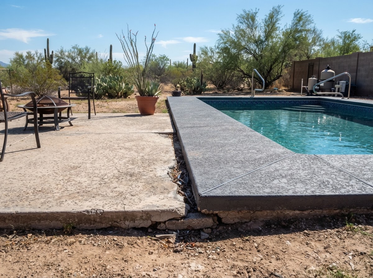 Settled concrete patio section next to a pool deck with a modest height difference at the transition