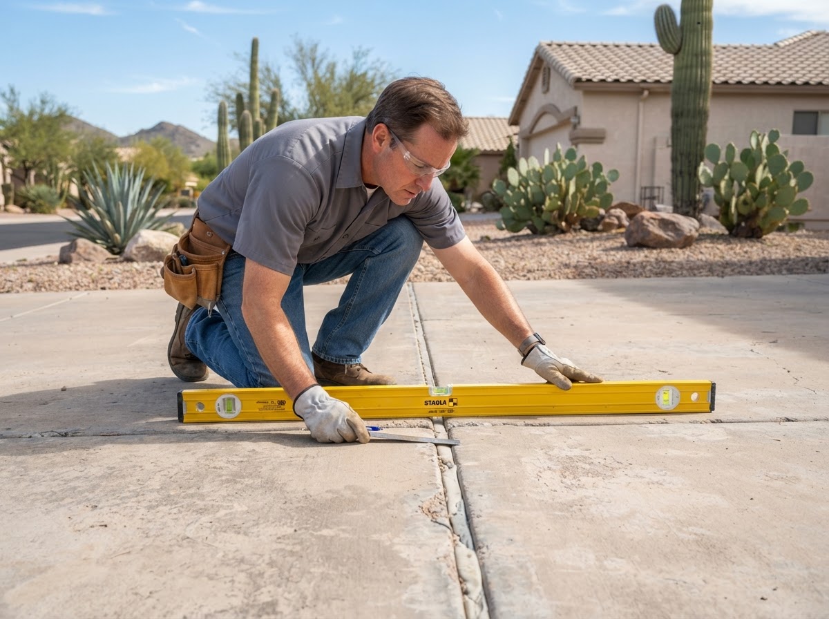 Technician checking slab elevation between adjacent concrete panels