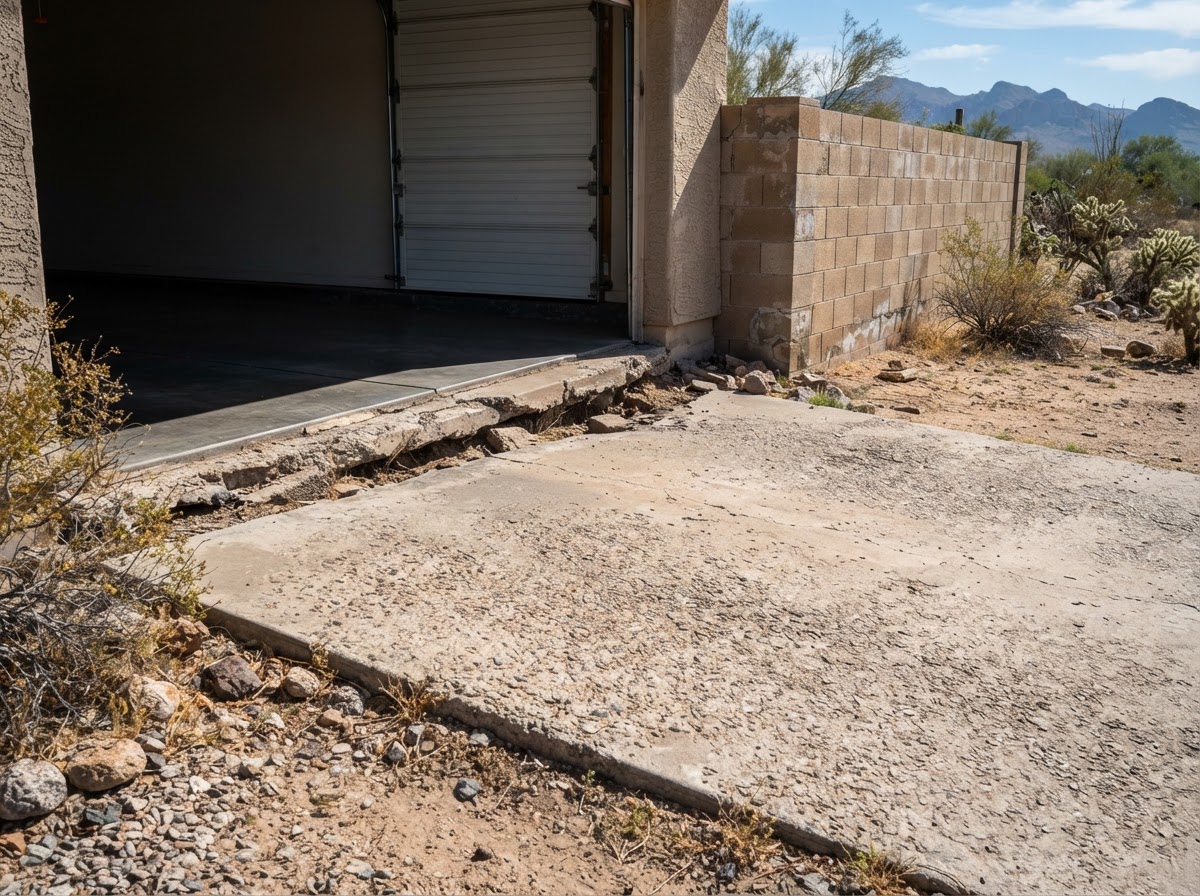 Garage-approach slab with an elevation change at an Apache Junction property