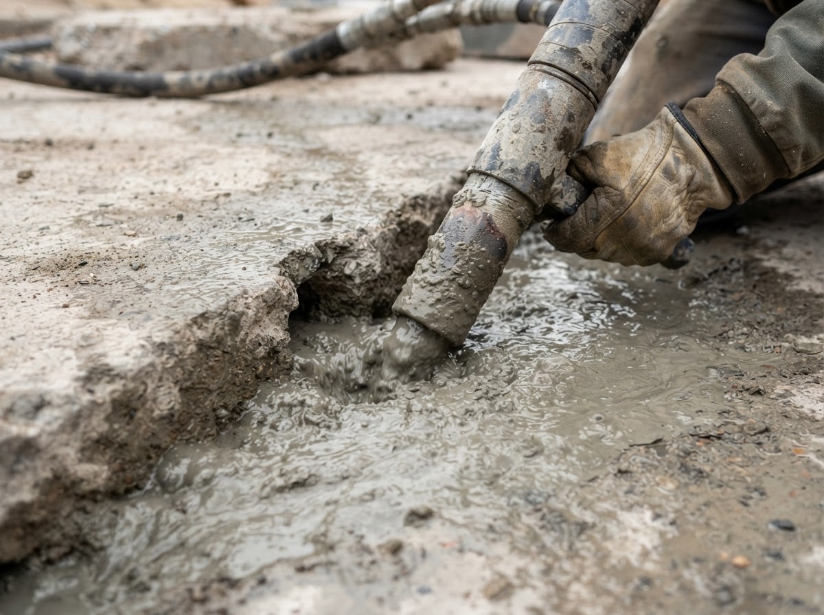 Mudjacking cementitious slurry being pumped through an access hole in a concrete slab