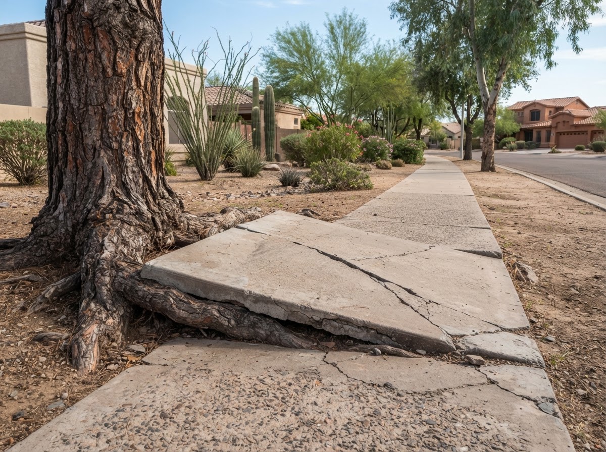 Sidewalk panel adjacent to mature tree roots in a Sun Lakes community