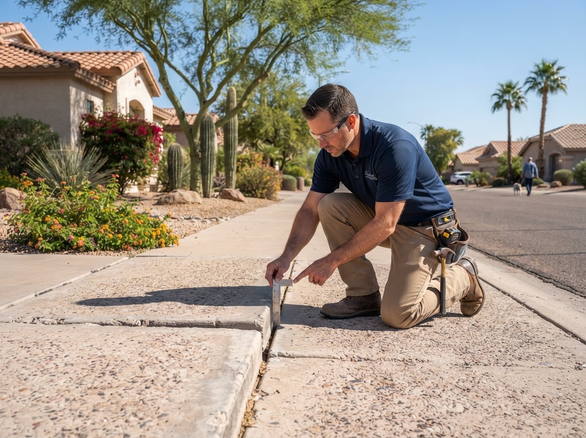 Technician evaluating an uneven concrete transition at a Sun Lakes property