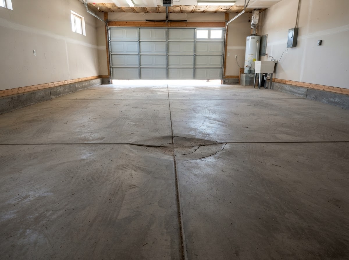 Interior residential garage concrete slab with control joints and a slight settled low area