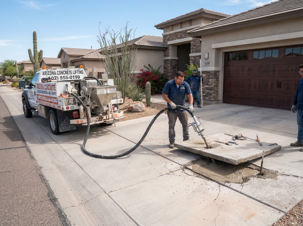 Concrete lifting equipment set up beside a settled residential slab