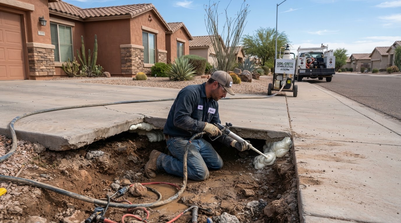 Driveway concrete slab stabilization scene showing support restoration work beneath a settled driveway panel