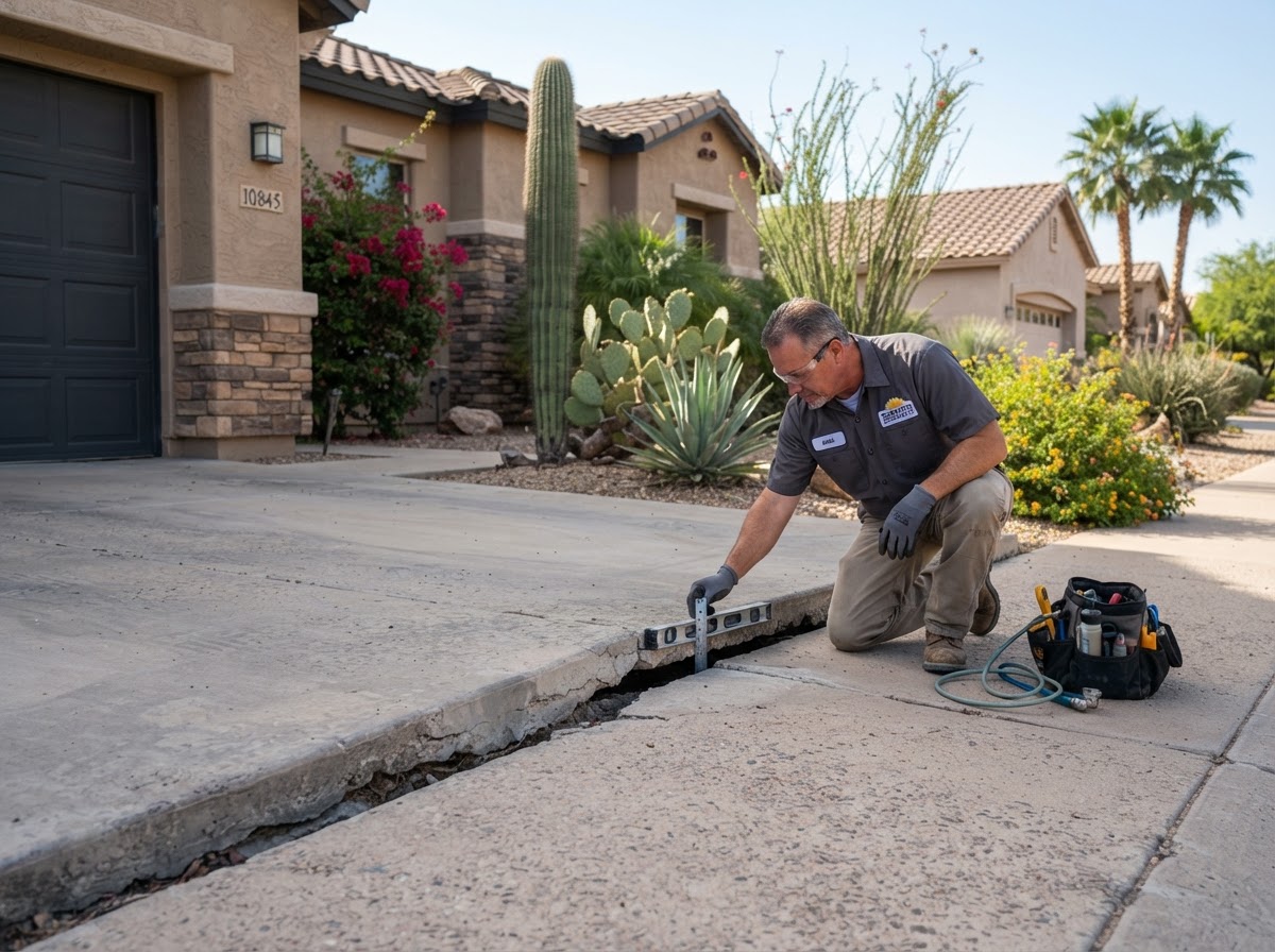 Concrete leveling technician assessing a settled driveway and walkway at a mature Sun Lakes property