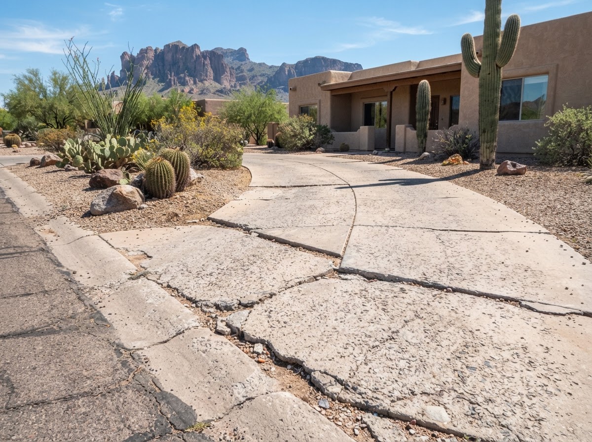 Older driveway with long-term settlement near Apache Junction