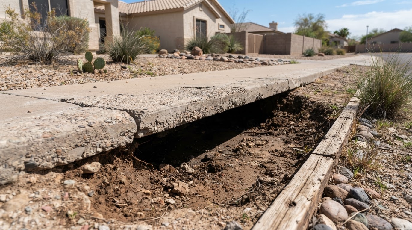 Edge of a garage concrete slab where a small gap or void beneath the concrete is visible