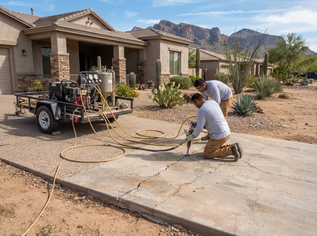 Concrete lifting and leveling work on a settled slab in an Apache Junction setting