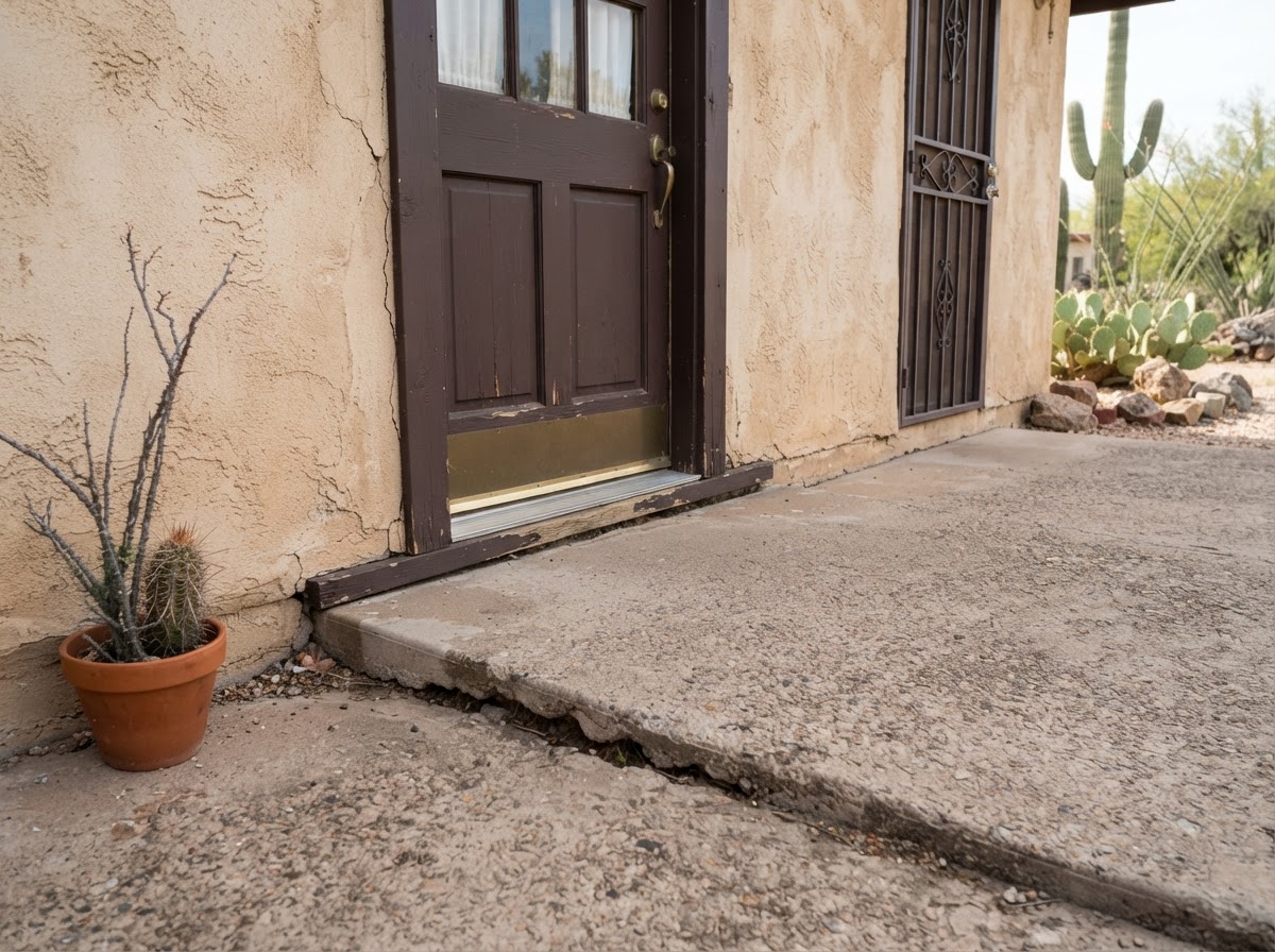 Concrete patio-to-door transition at an Arizona stucco home with a settled slab meeting an exterior door threshold