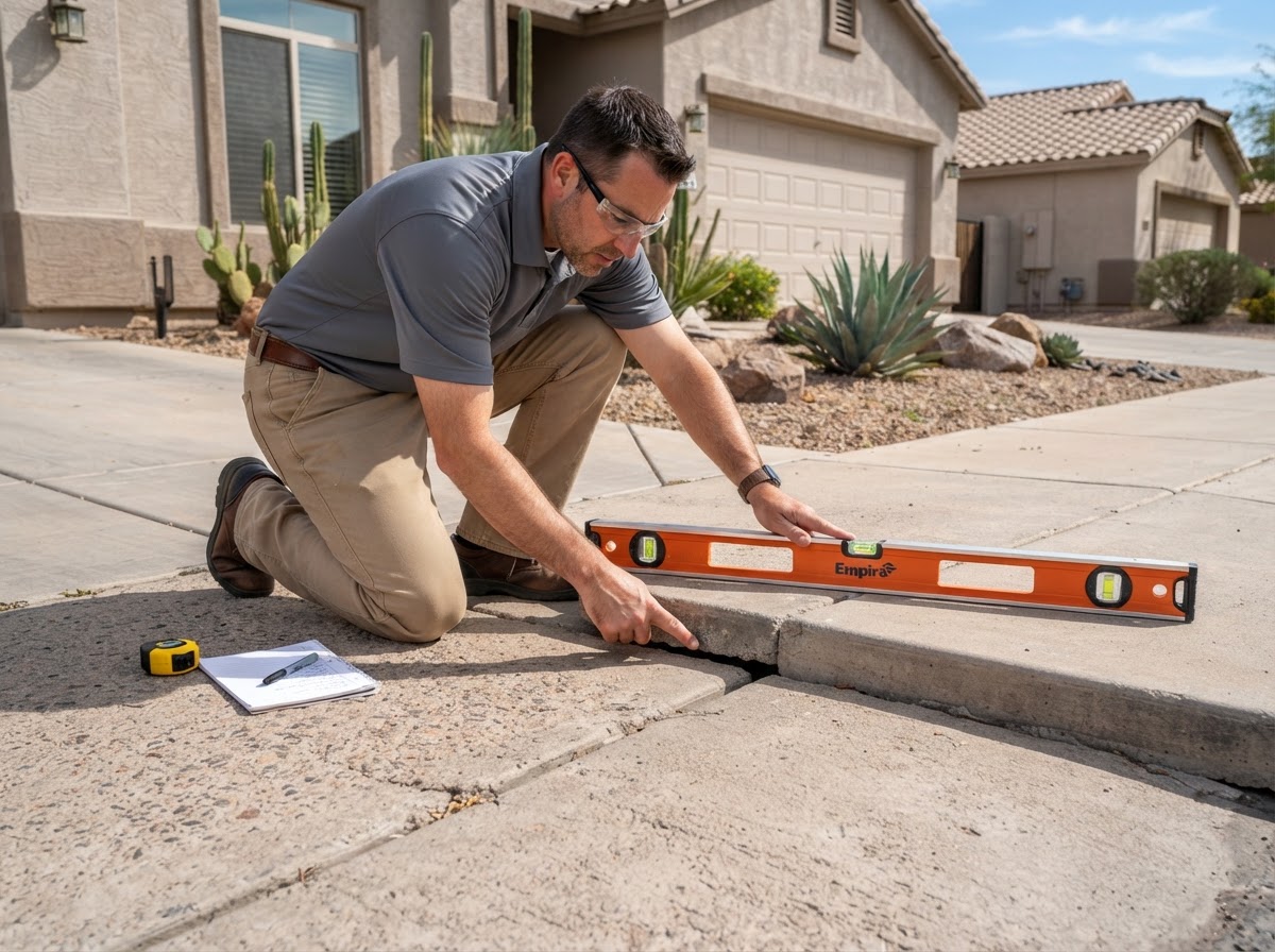 Technician measuring a concrete slab elevation transition in Mesa