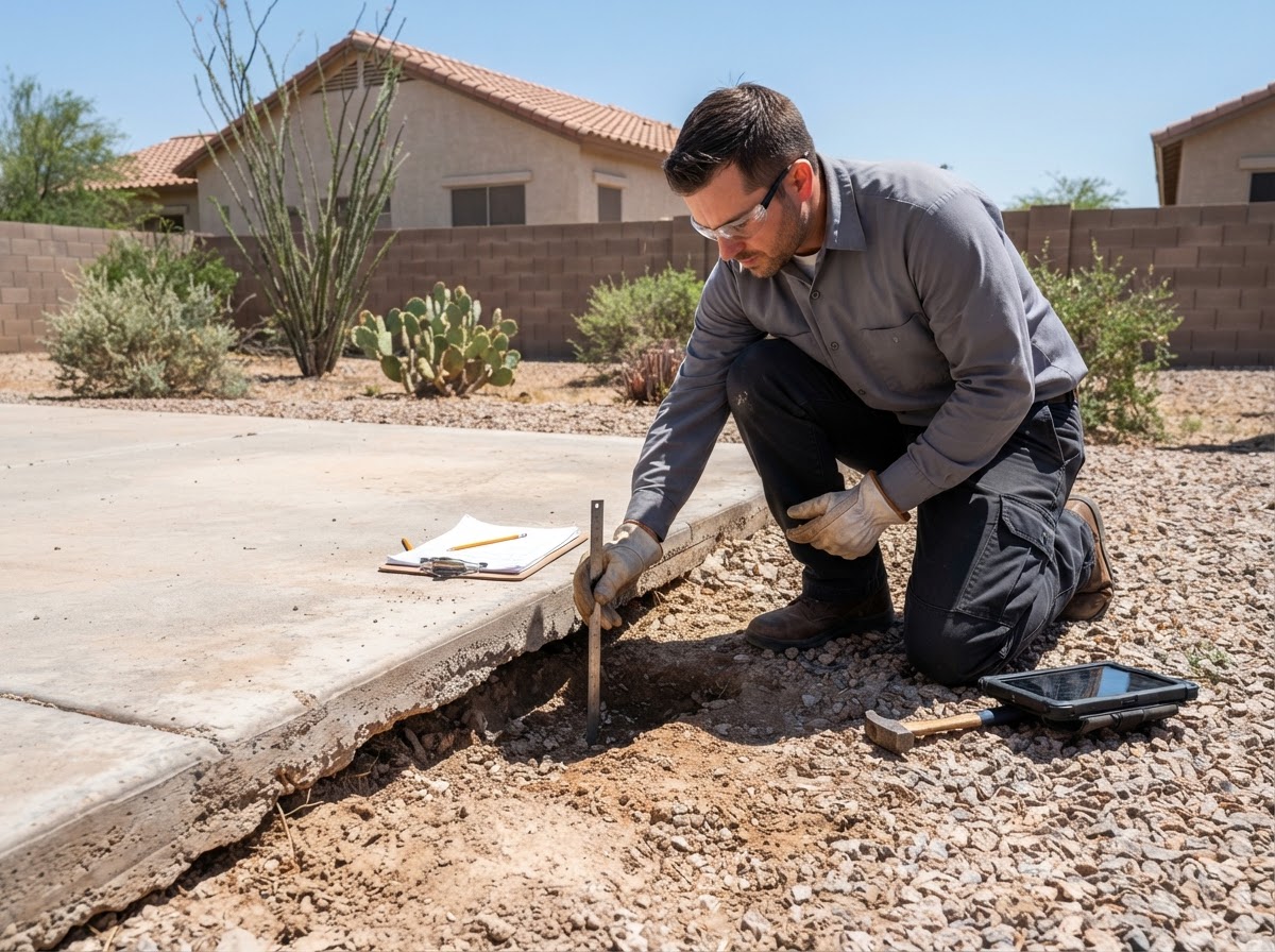Technician evaluating a slab edge for voids or lost support in San Tan Valley