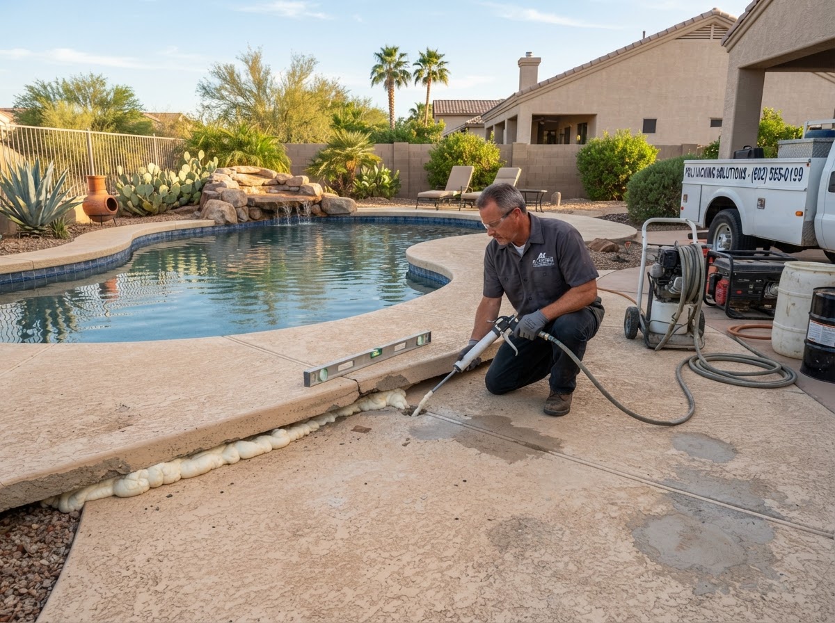 Foam leveling work on a settled patio and pool deck slab at a Queen Creek home