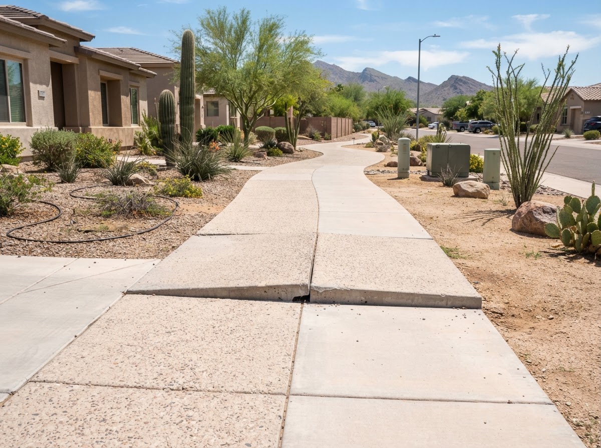 HOA common-area walkway with an uneven panel transition in San Tan Valley