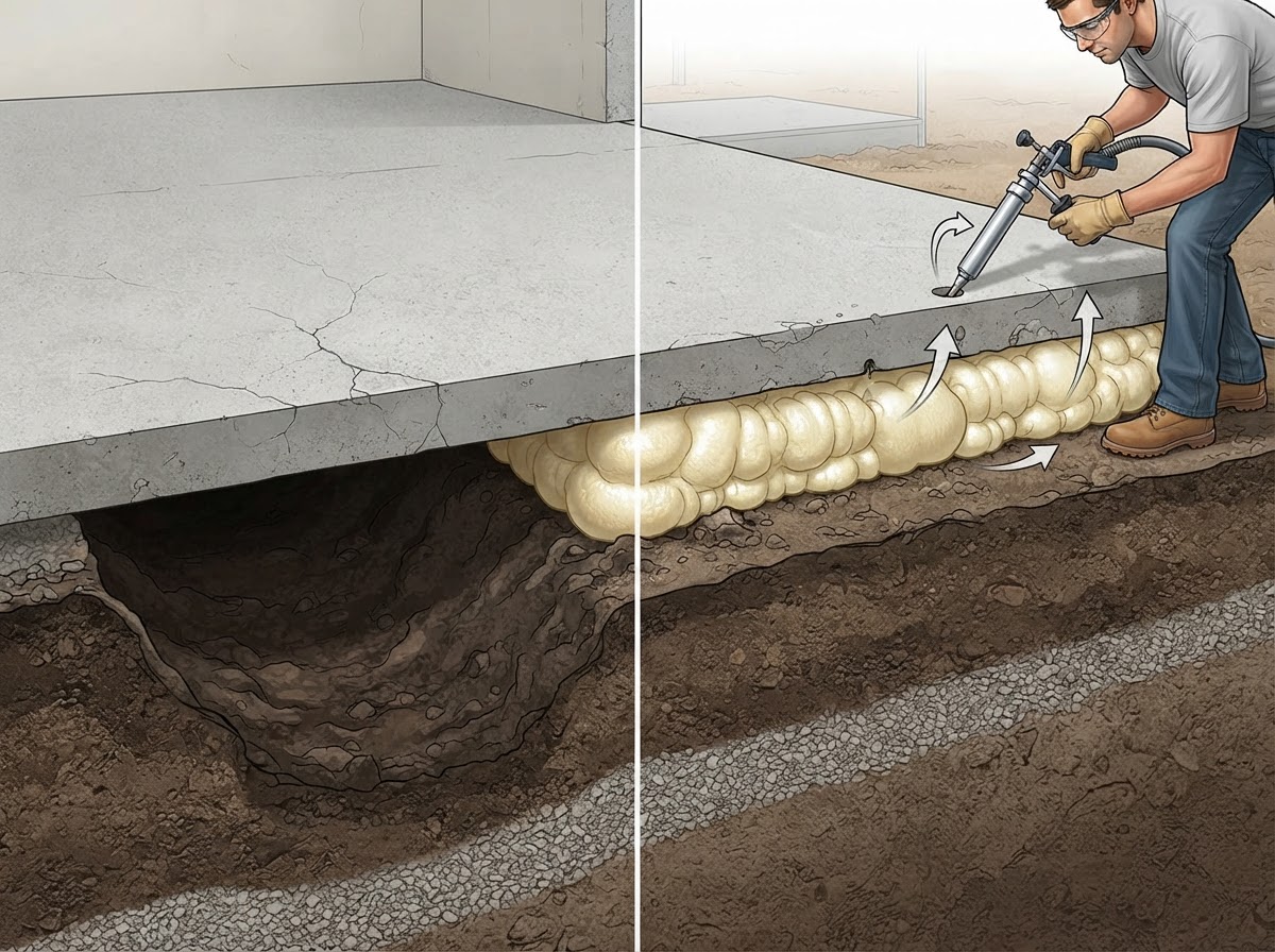 Void filling beneath a concrete slab to restore lost support