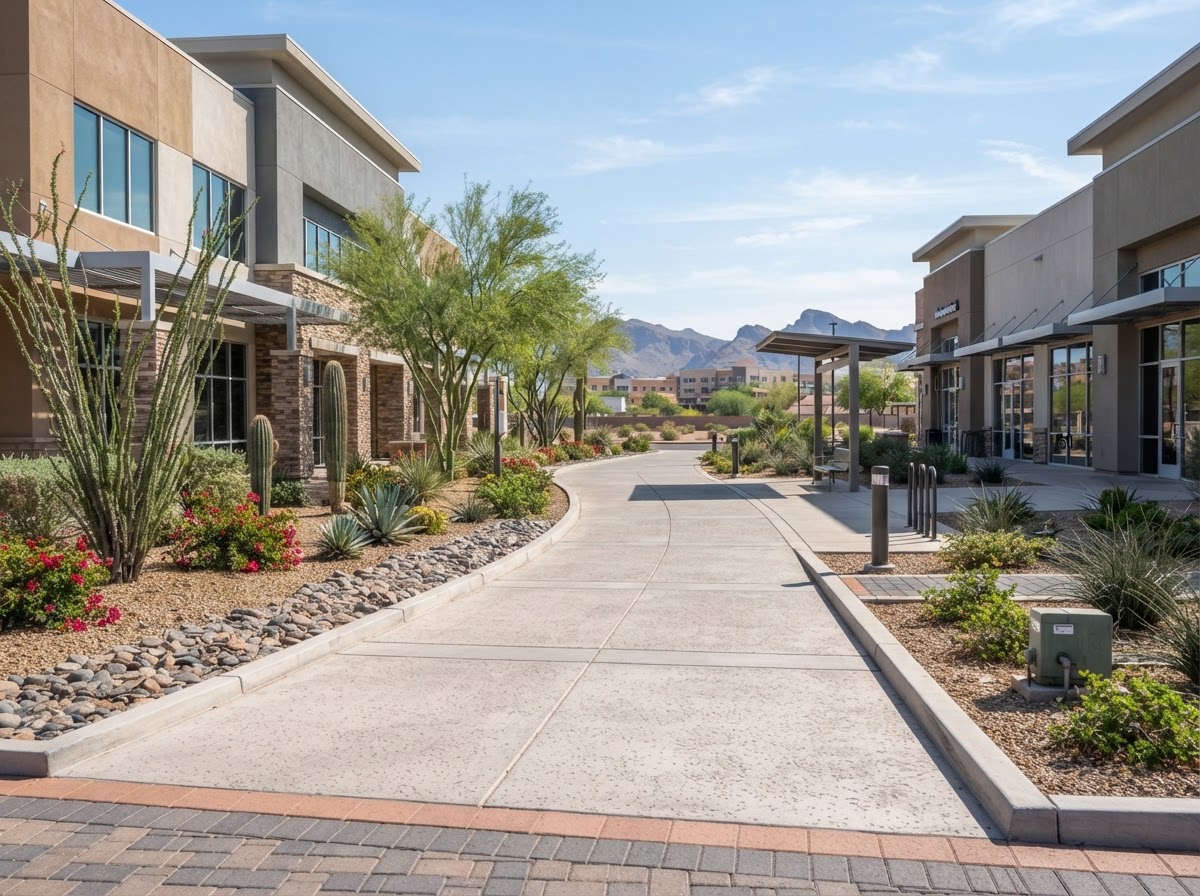 HOA or commercial concrete walkway in a Mesa mixed-use area