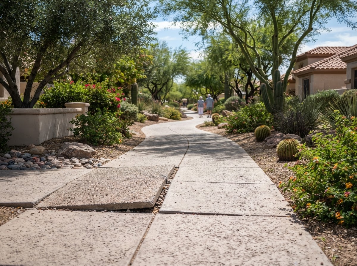 HOA common-area walkway with an uneven panel transition in Sun Lakes