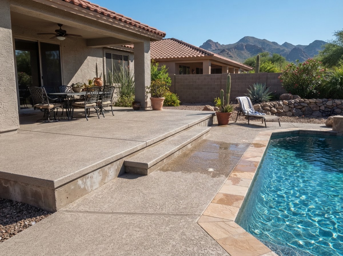 Arizona backyard showing the relationship between a concrete patio and an adjacent pool deck with a modest elevation transition