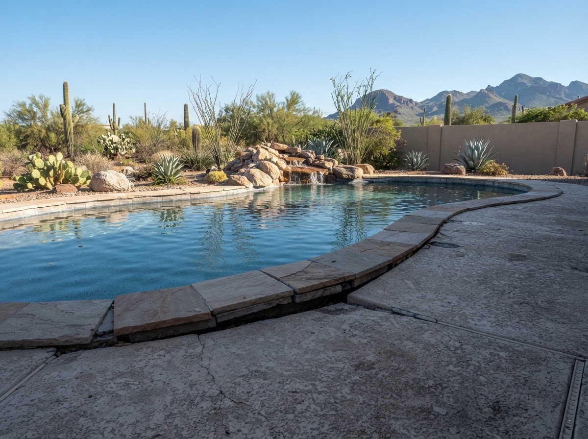 Settled concrete pool deck slab near the coping of an Arizona backyard pool