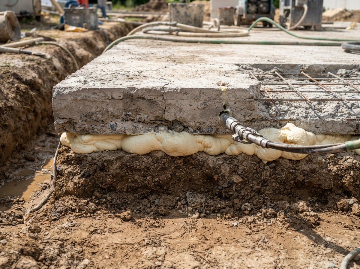 Void filling and slab stabilization beneath a settled concrete slab