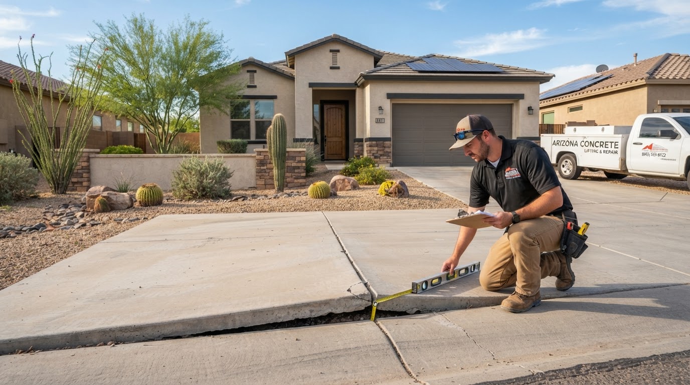 Concrete leveling technician assessing a settled driveway panel at a newer San Tan Valley, Arizona suburban home