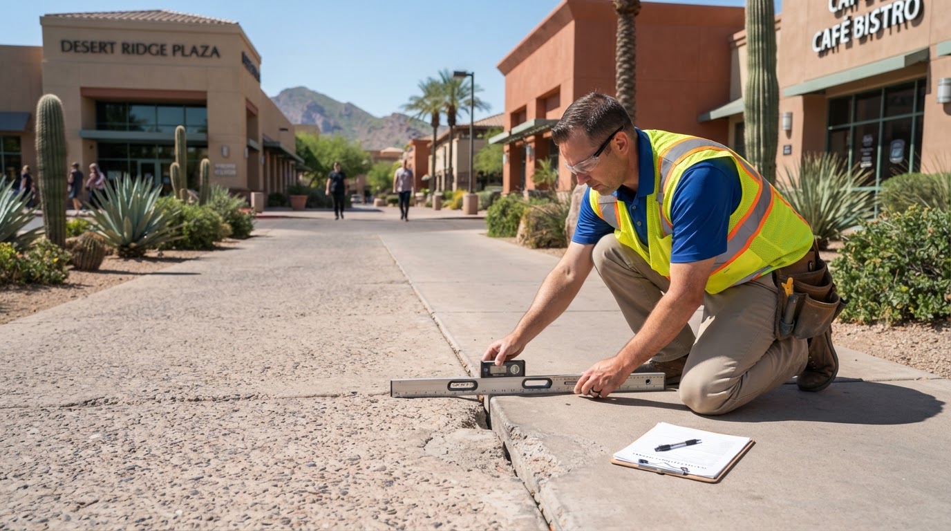 Retail or office building pedestrian concrete walkway being assessed for flatwork transitions