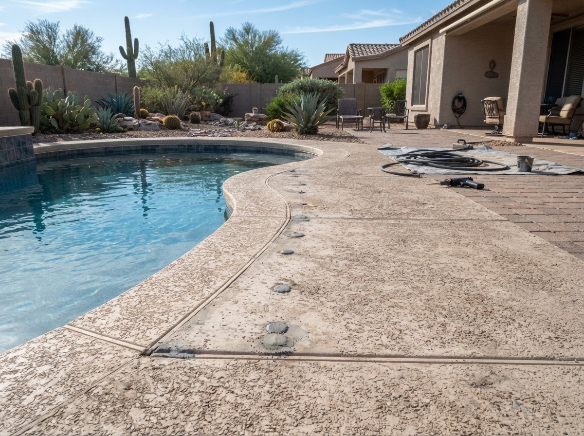 Polyurethane foam leveling work around a pool deck slab with small injection holes in the concrete