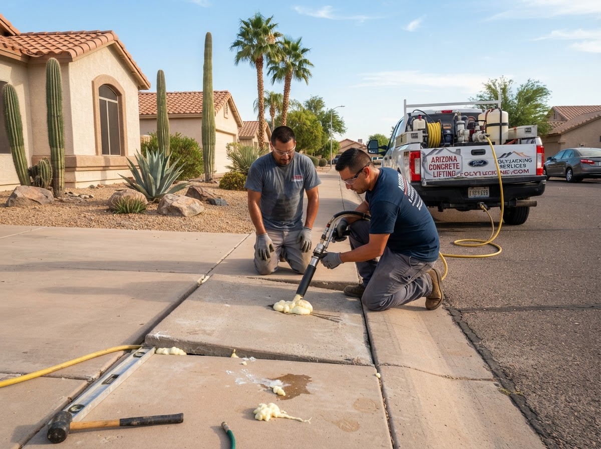 Polyurethane foam injection on a settled sidewalk panel in a Queen Creek neighborhood