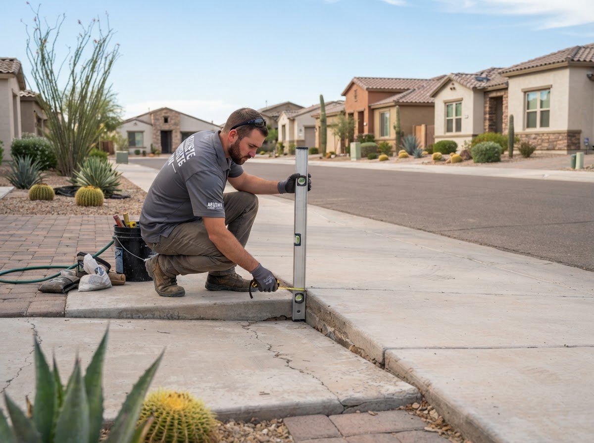 Technician checking sidewalk panel elevation in a San Tan Valley neighborhood