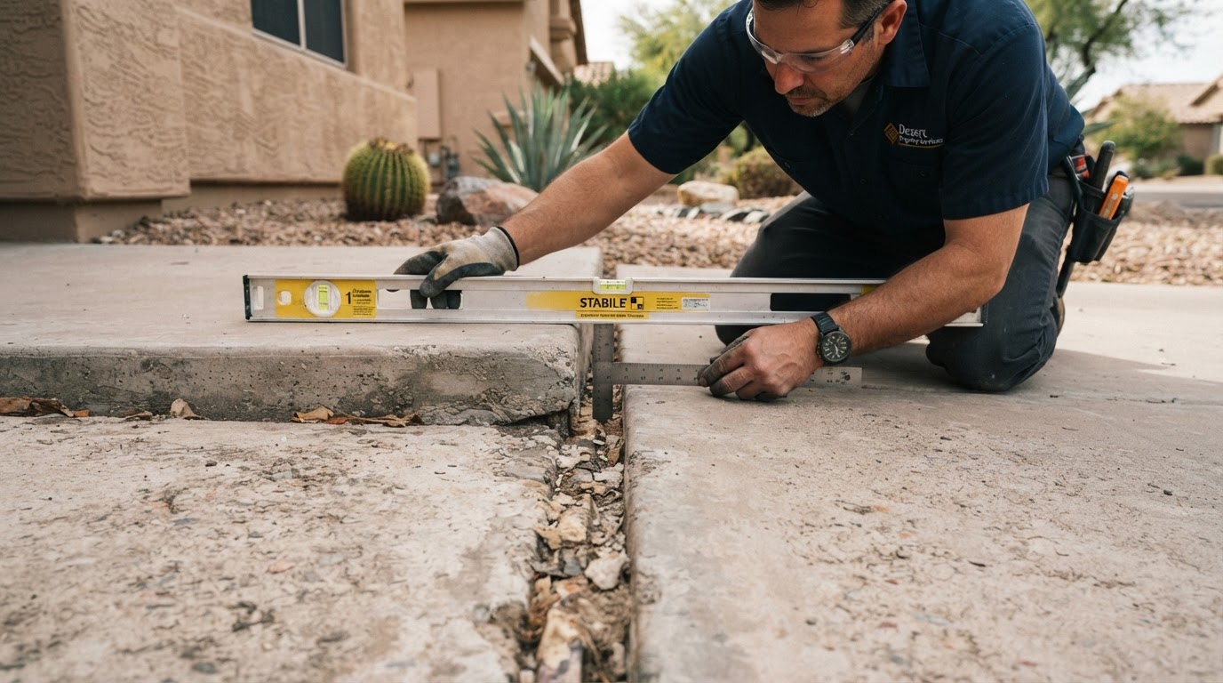 Technician measuring the elevation difference between two adjoining concrete slabs at an expansion joint
