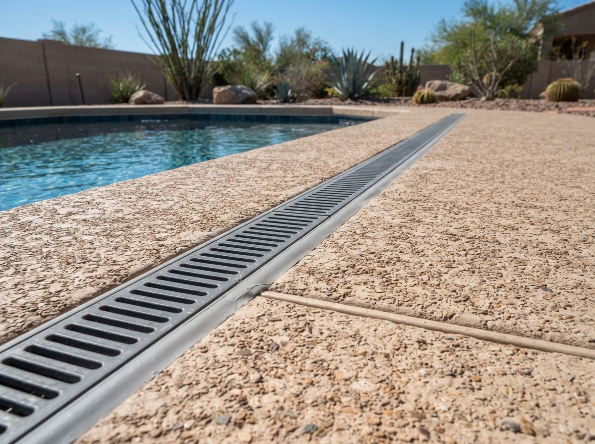 Close-up of a concrete pool deck showing expansion joint, deck drain, and surface slope detail