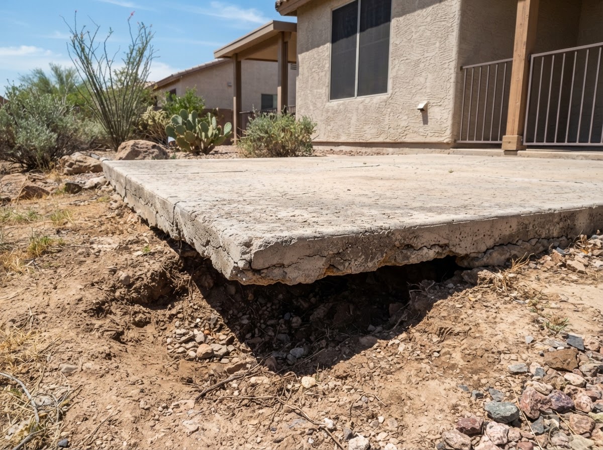 Settled backyard patio slab with a sunken corner in Gilbert, AZ